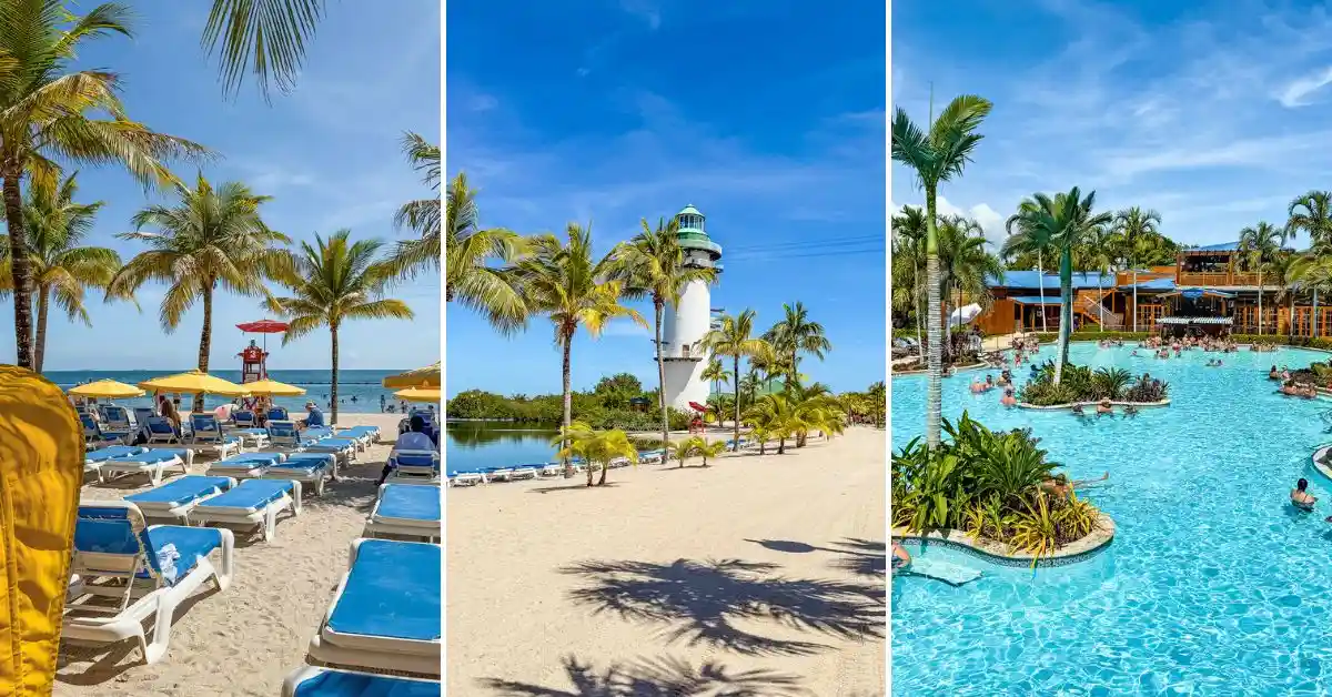 featured image: Scenes from Harvest Caye, Belize on Norwegian Cruise Line’s private island, featuring beach loungers, the island lighthouse, and the large resort-style pool surrounded by palm trees.