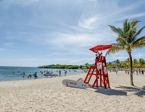 Lifeguard tower overlooking the calm beach at Harvest Caye, Belize on Norwegian Cruise Line’s private island.