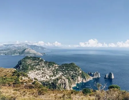 Wide view of coast and mountains in Capri