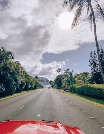 Nose of red mustang as it drives down the road in Princeville