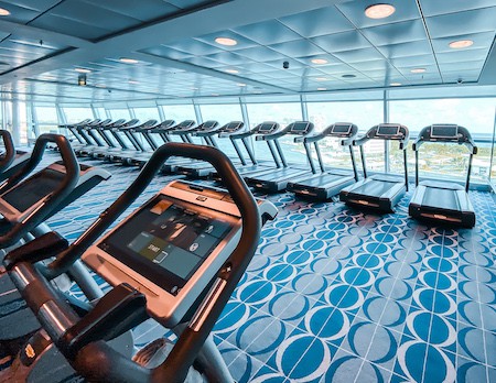 Row of treadmills in front of large windows on cruise ship