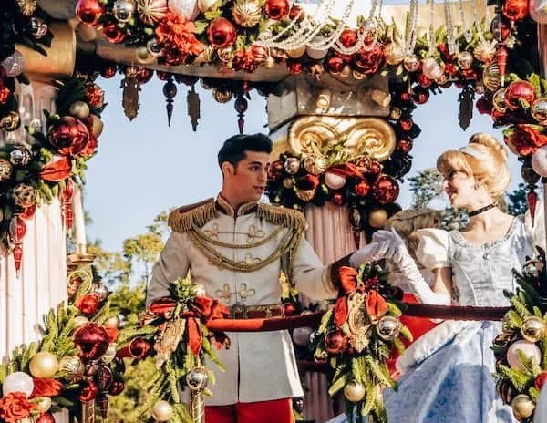 Cinderella and Prince Charming dancing during the Disney Holiday parade