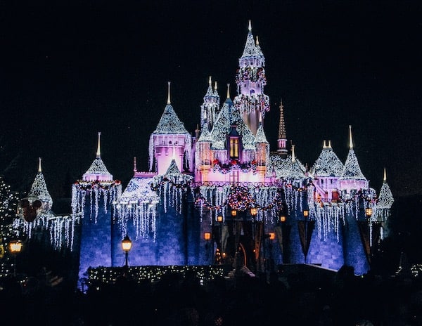 Sleeping Beauty's castle decorated with for Christmas 