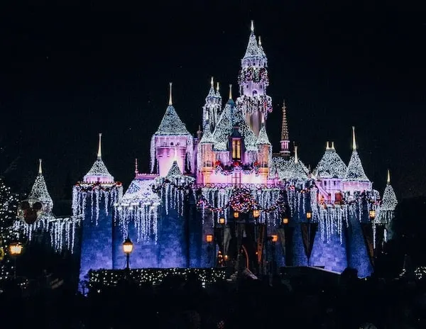 Sleeping Beauty's castle decorated with for Christmas