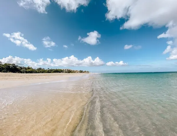 Empty sandy white sand beach and clear ocean water in Aruba