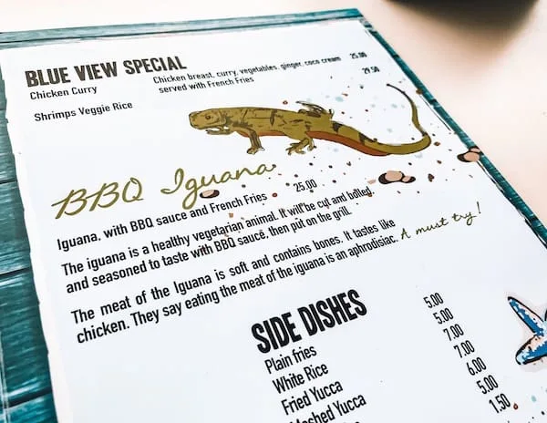 BBQ Iguana on the menu at Blue View Sunset Terrace in Curacao