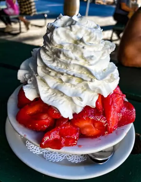 strawberry short cake, strawberries topped with whip cream