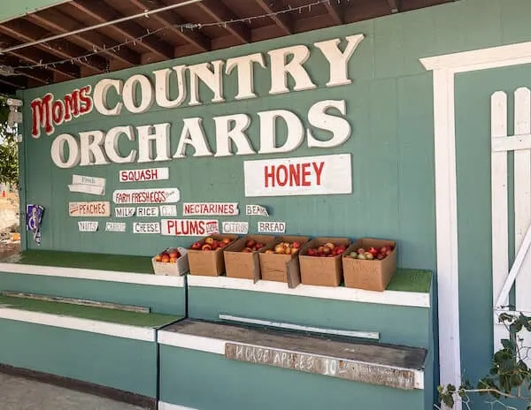 outside moms country orchards market sign with baskets of apples