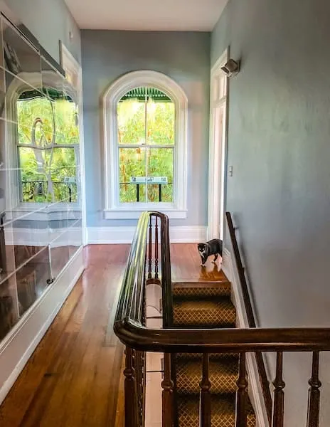 A narrow hallway inside Ernest Hemingway's home in Key West, featuring a hardwood floor, a large arched window with views of lush greenery, and walls painted a soft pastel blue.