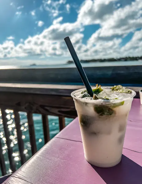 coconut margarita with a view of the ocean