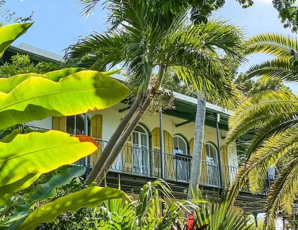 palm trees and lush tropic plants frame Hemingways key west home