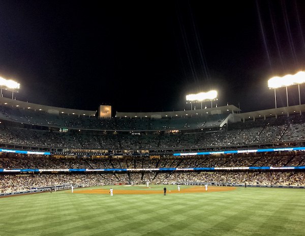 full stadium at a dodger game in dodger stadium