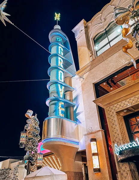 the grove sign at night in los angeles