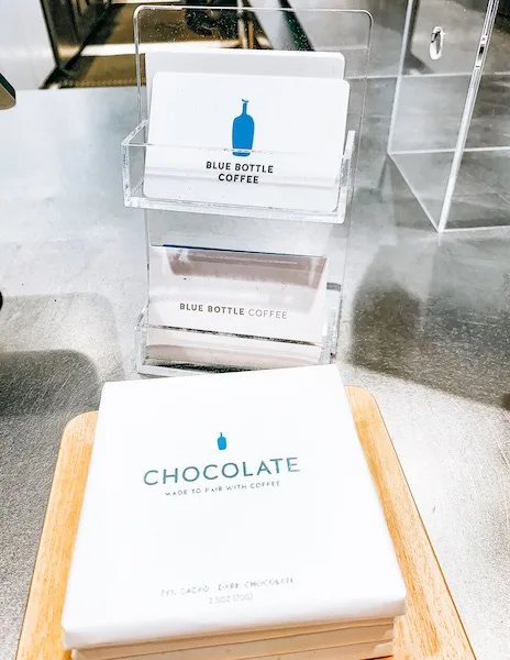 blue bottle coffee logo business cards and chocolate bar