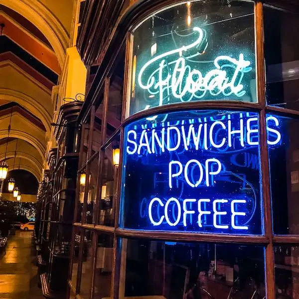 neon sign of float, sandwiches, pop, coffee