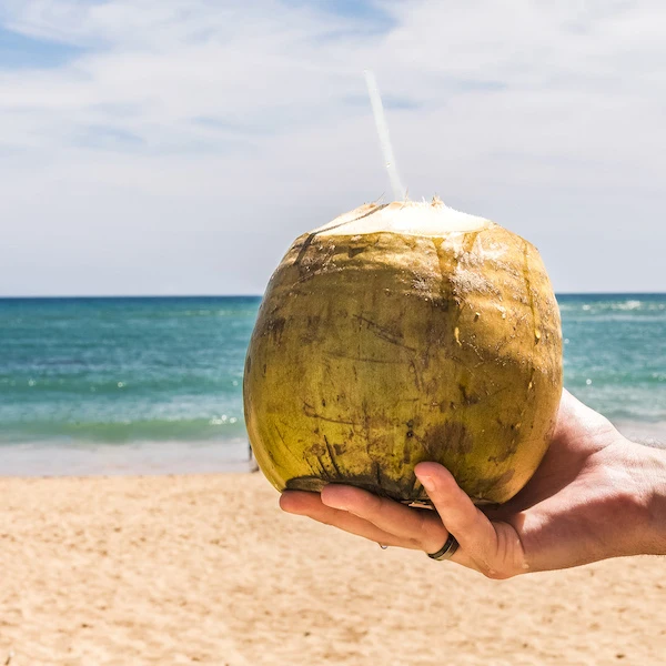 open fresh coconut with a straw