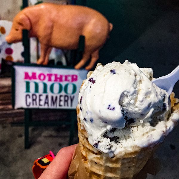 ice cream cone in front of mother moo creamery sign with a pig statue