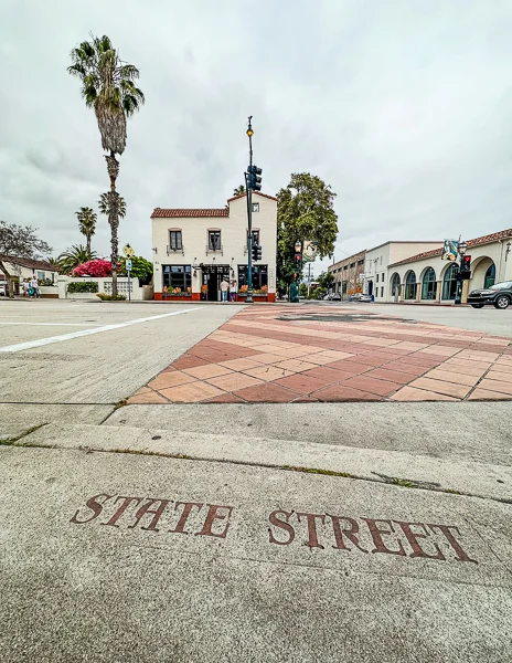 state street lettering on the corner side walk across across from loquita in santa barbara