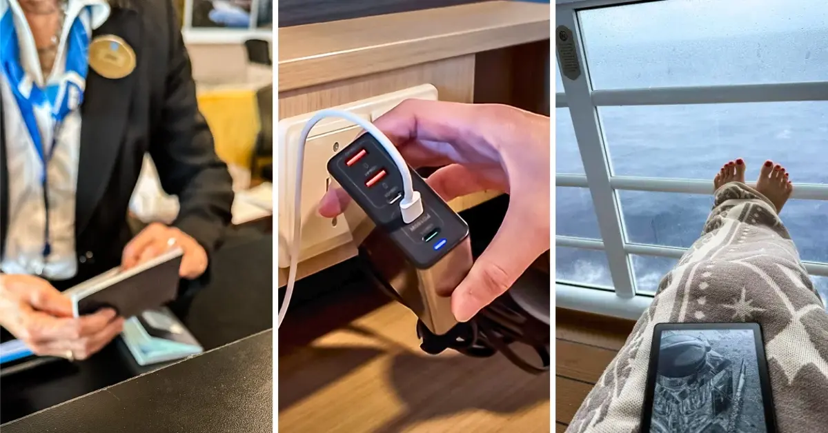 featured image: Cruise essentials and cruise packing list collage featuring a passport check, USB charging hub in a cruise cabin, and Kindle on a cruise balcony