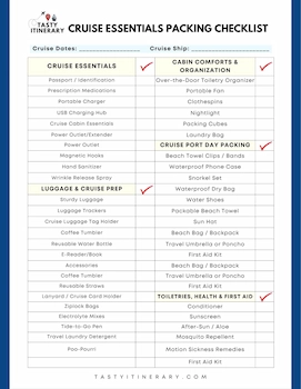 Printable cruise packing checklist with sections for cruise essentials, luggage and cruise prep, cabin comforts and organization, cruise port day packing, and toiletries, health and first aid.