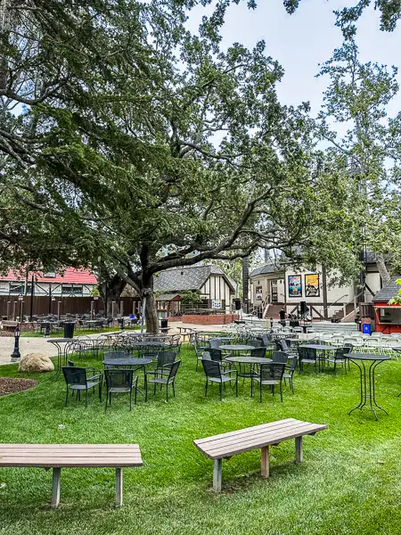 A serene park setting in Solvang with outdoor metal tables and chairs under the shade of large, sprawling trees facing a small stage