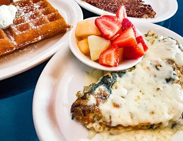 omelet, fruit and wide of waffle