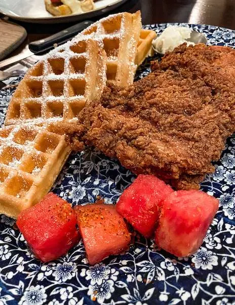 fried chicken and waffles side of watermelon