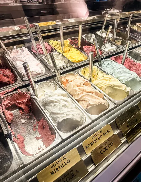 The colorful and inviting display of various gelato flavors at Gelateria dei Neri