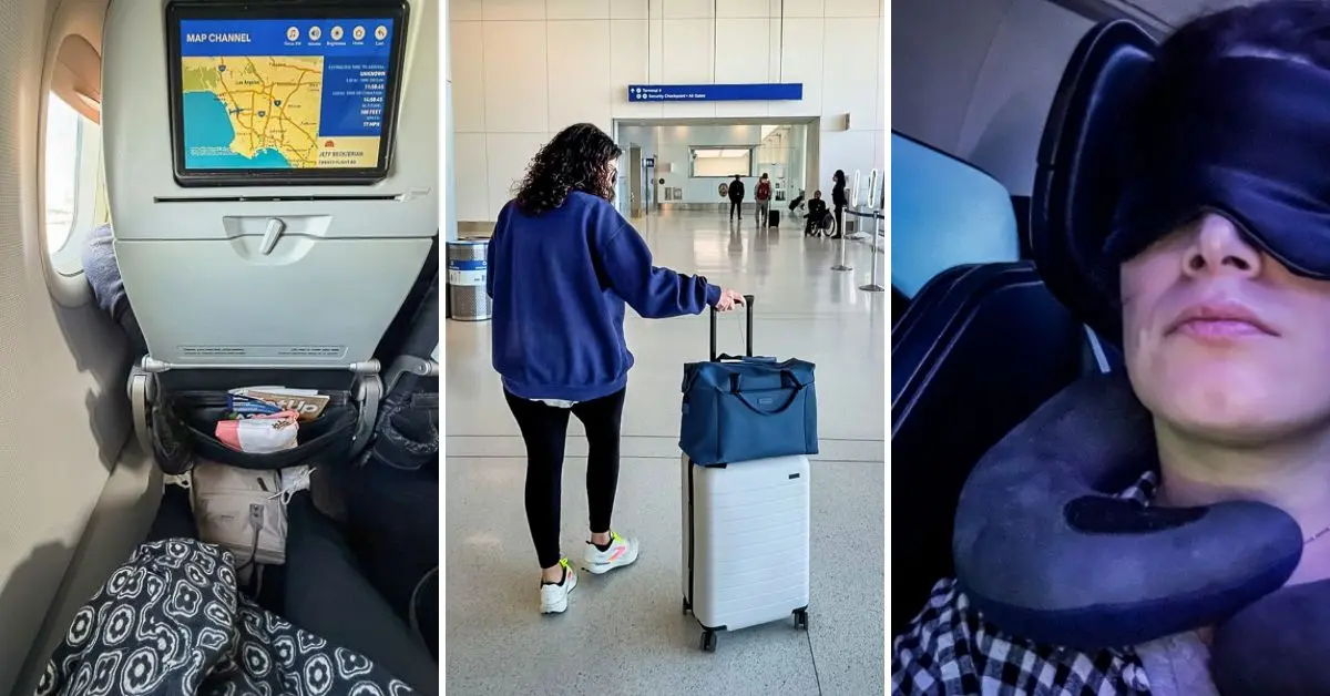 featured image: Collage showing key items from a travel essentials list — a personal item bag under an airplane seat, a traveler walking through the airport with luggage and tote, and a passenger using a neck pillow and eye mask during a flight.