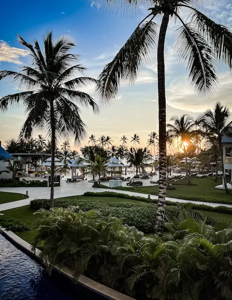 pool and beach view a sunset