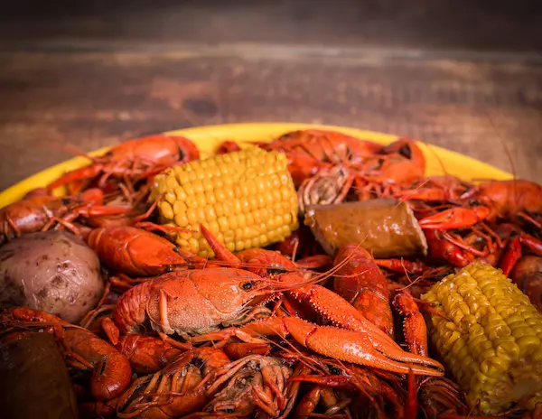 crawfish boil with corn and sausage