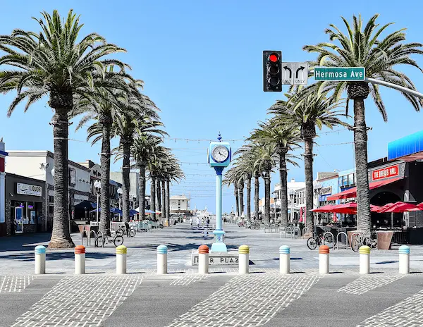 beach pier plaza with rows of palm trees on each side