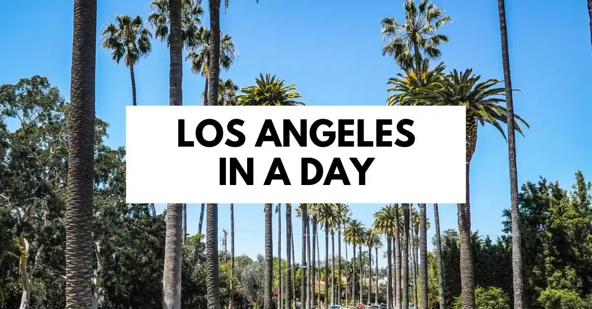 featured blog image features a vibrant text "LOS ANGELES IN A DAY" over a sunny, palm tree-lined street in Los Angeles. The bright sky and lush palm trees capture the quintessential Los Angeles vibe to spend it in a day