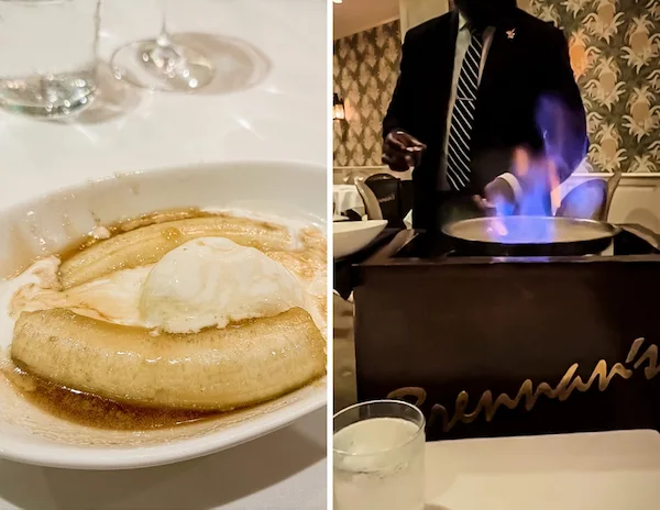 Tableside preparation of Bananas Foster at Brennan’s Restaurant in New Orleans, showing the flaming pan and finished dessert with caramelized bananas and vanilla ice cream.