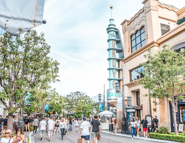 outdoor shopping mall and the sign for the grove theater