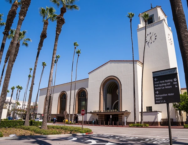 outside of union station palm trees framing the front