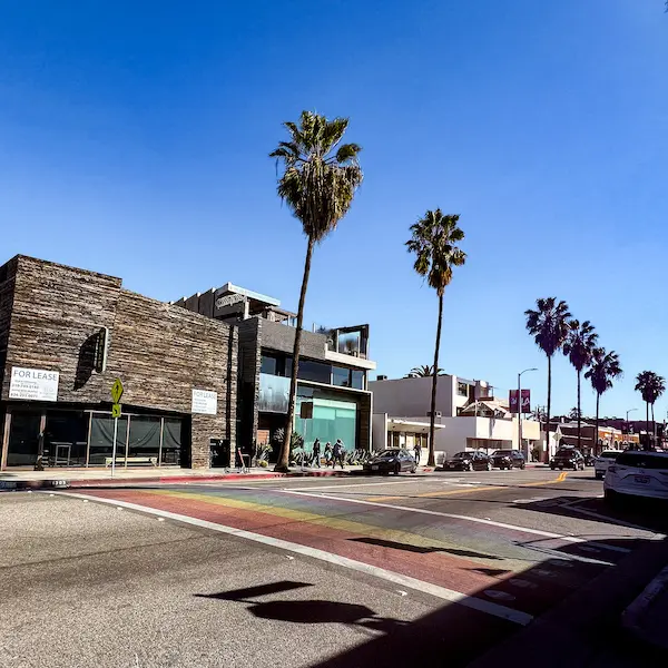 rainbow cross walk leading to modern structure and street lined with palm trees against a clear blue sky