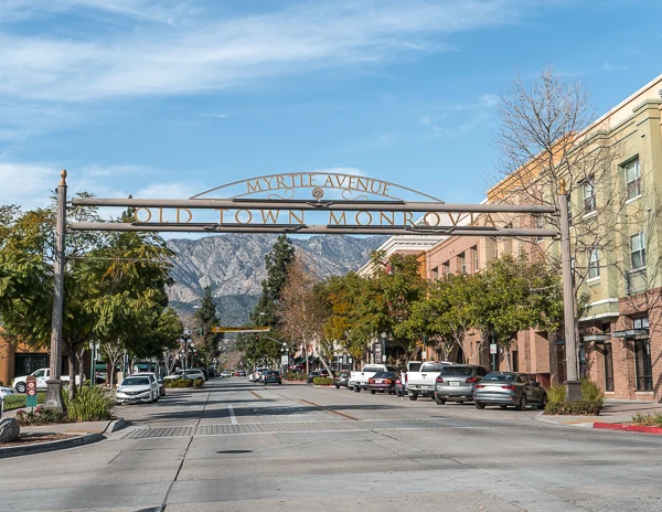 silver archway with old town monrovia welcome sign