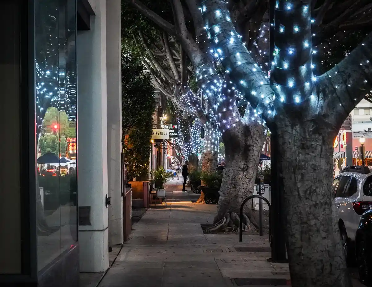 A view of Green Street in Pasadena at night, with trees wrapped in white Christmas lights lining the sidewalk, creating a festive atmosphere.