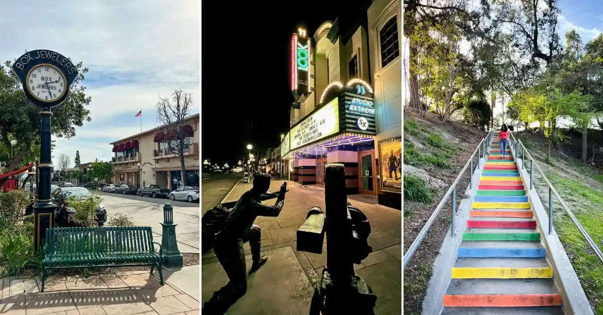featured image: Collage of three photos showing some of the best things to do in Monrovia, California: the historic Box Jewelers clock in Old Town, the retro LOOK Dine-In movie theater at night, and the colorful rainbow stairs at Kiwanis Park.