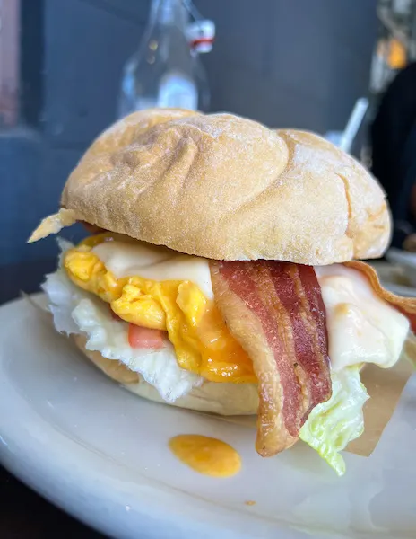 egg, bacon, cheese on a kaiser roll