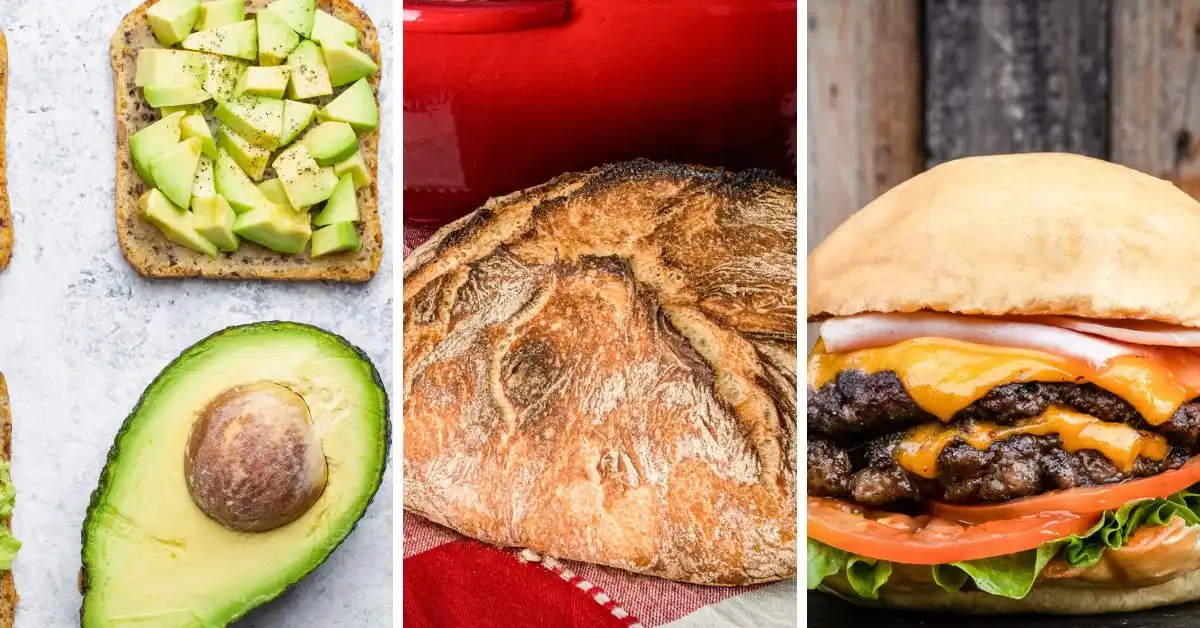 feaured blog image without text of A collage featuring iconic California foods, including avocado toast, sourdough bread, and a cheeseburger which are all california foods.