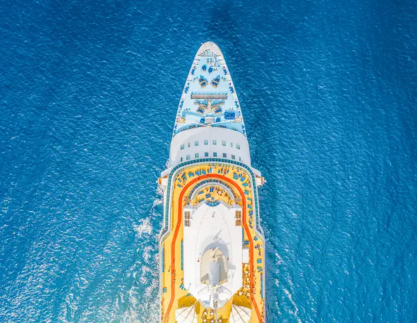 aerial view of the forward part of a  cruise ship at sea