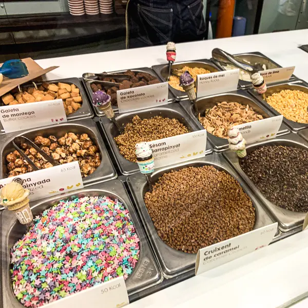 topping selections at Rocambolesc Gelateria