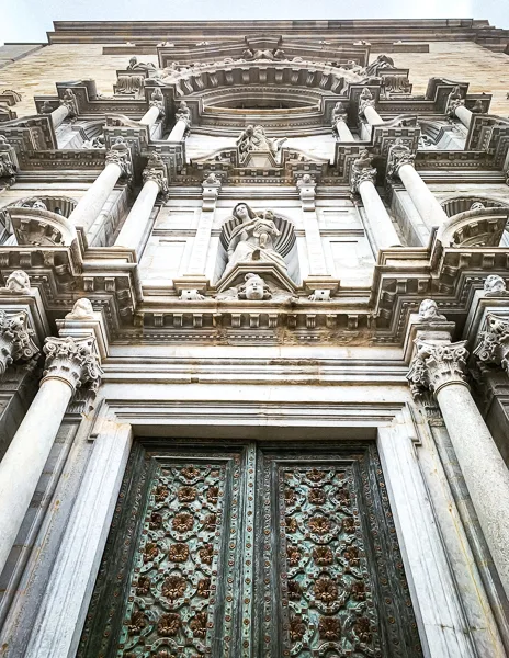close up of the intricate architectural details of the cathedral of girona