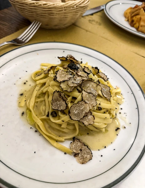 a plate of pasta topped with shaved truffles, served on a white plate with a black rim. The pasta is elegantly twirled and garnished with generous slices of black truffles