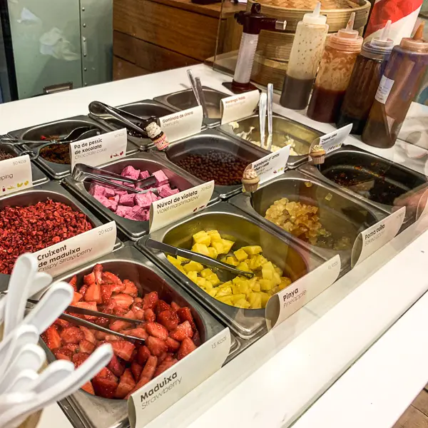 topping selections at Rocambolesc Gelateria