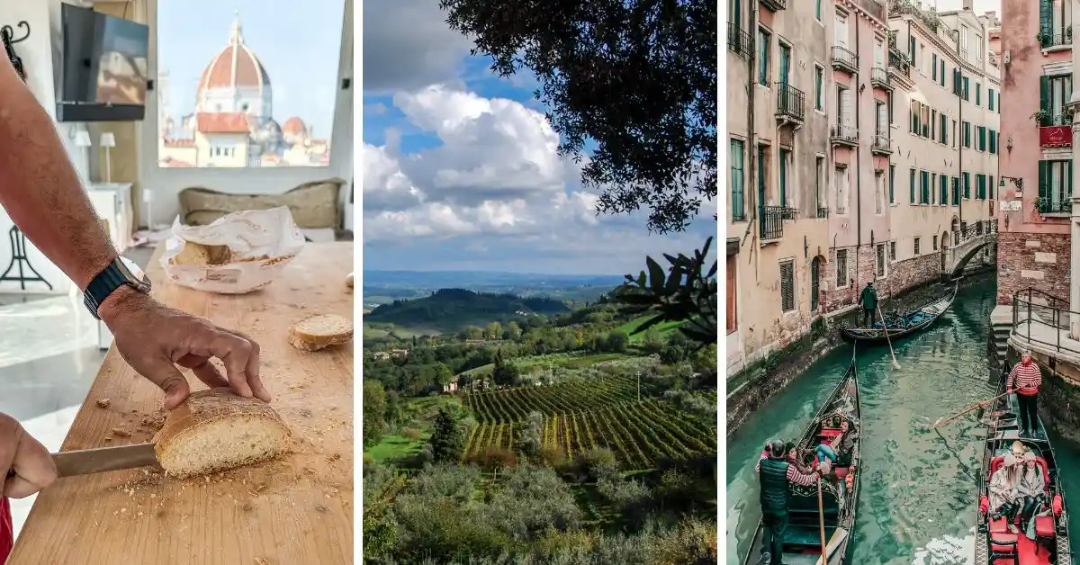 featured image: Collage representing experiences in Italy, featuring a bread-slicing scene with the Florence Duomo in the background, vineyard views in the Tuscan countryside, and gondola rides along the canals of Venice.