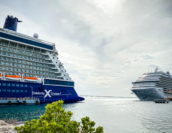 cruise ships docked in curacao cruise port facing each other