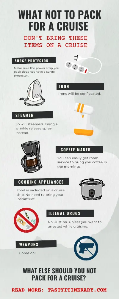 infographic list of things not to pack on a cruise